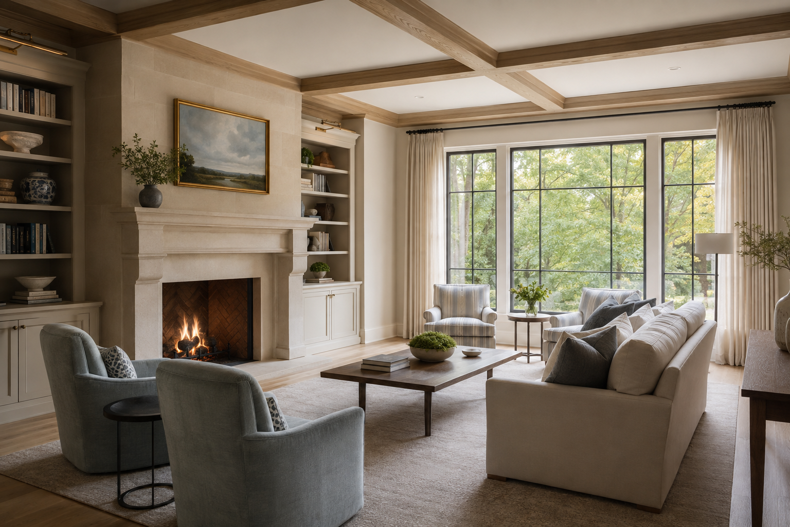 Living room with a limestone fireplace, a coffered ceiling, and tall windows